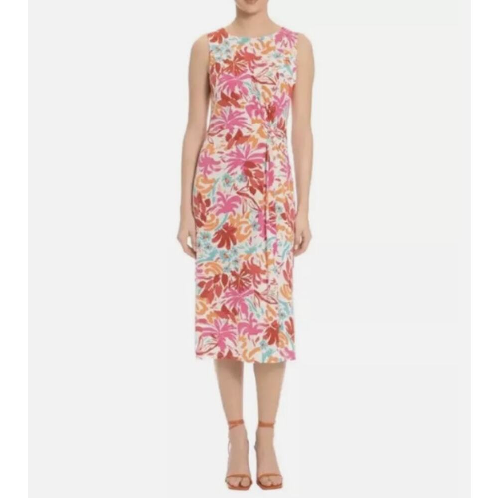 Maggy London Sleeveless Floral Crew Neck Ruched Dress Size 14